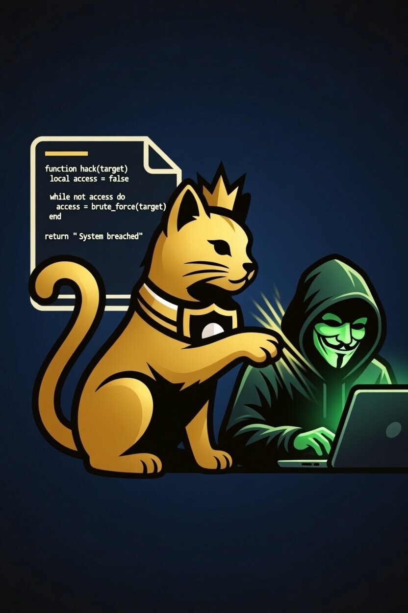 Faulmor cybernetic hacker cat surrounded by Lua source code